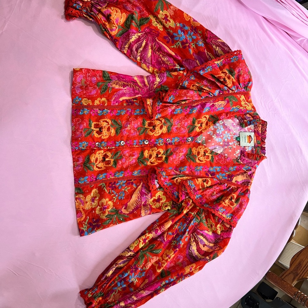 FARM Rio Spring Red Banana Blouse Ruffle-Trim Size XS - Picture 3 of 10